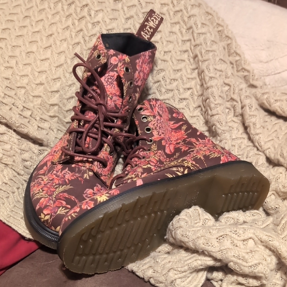 Dr. Martens Brown Lace Up Boots with Floral Design and Chunky Rubber Sole
